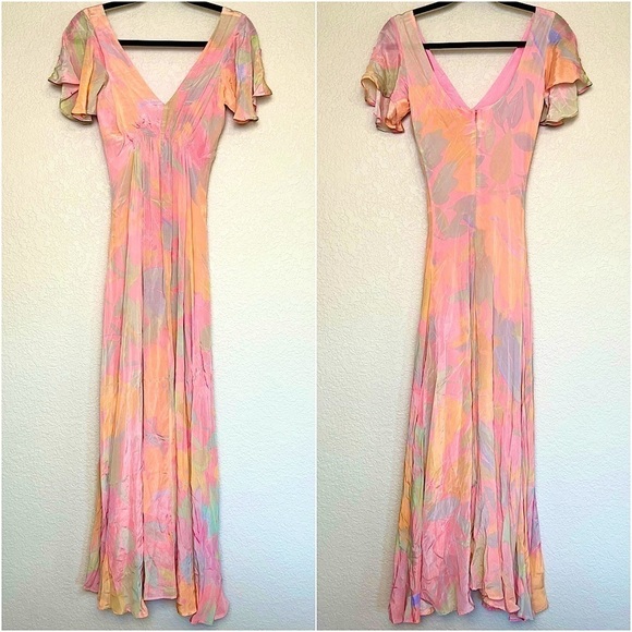 VEDA Bright Floral Short Flutter Sleeve V-Neck Ruched Empire Waist Maxi Dress XS - Picture 11 of 16